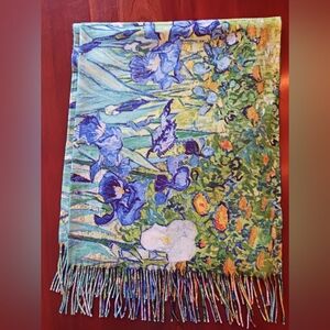 Reversible Cotton/Cashmere Blend Van Gogh Irises Art Scarf EUC Gorgeous!